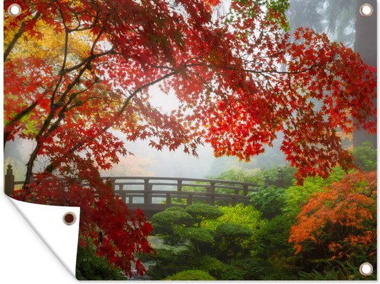 Tuin decoratie Japanse esdoorn - Bomen - Brug - Natuur - Japans - 40x30 cm - Tuindoek - Buitenposter