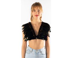 KIMU® Top met Veren Zwart Kant - Maat XS S M - Verentop Steampunk Topje Veertjes - Hippie Bohemian Indianenjurkje Ibiza Vogel Body Volwassenen Carnaval Halloween