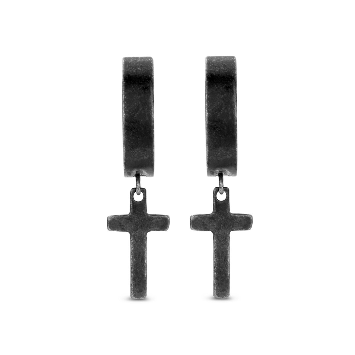 Frank 1967 7FE-0009 Stalen Oorringen met Hanger Kruis - Heren - 16mm Doorsnee - 4mm Breed - Kruis 13x8mm - Staal - Zwart Plating