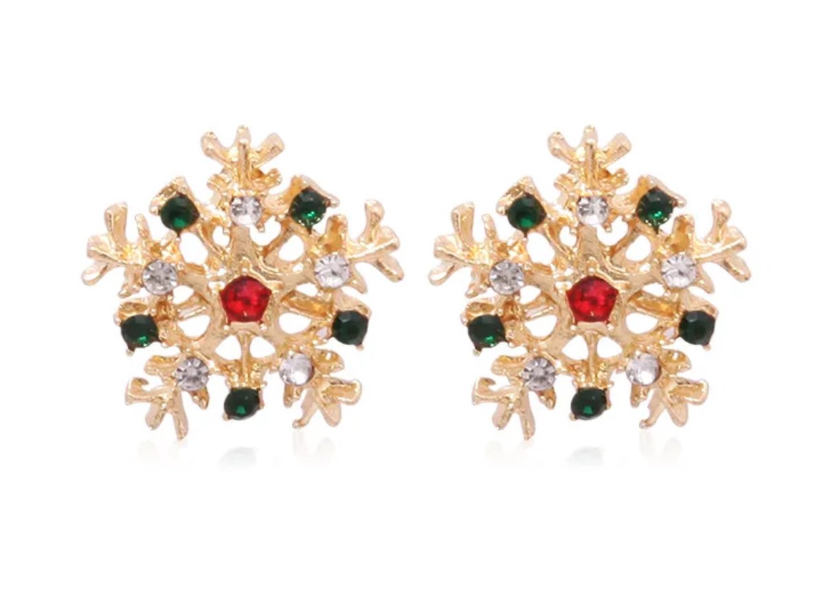 Sneeuwvlok oorbellen | groene & rode steentjes | goud gekleurd