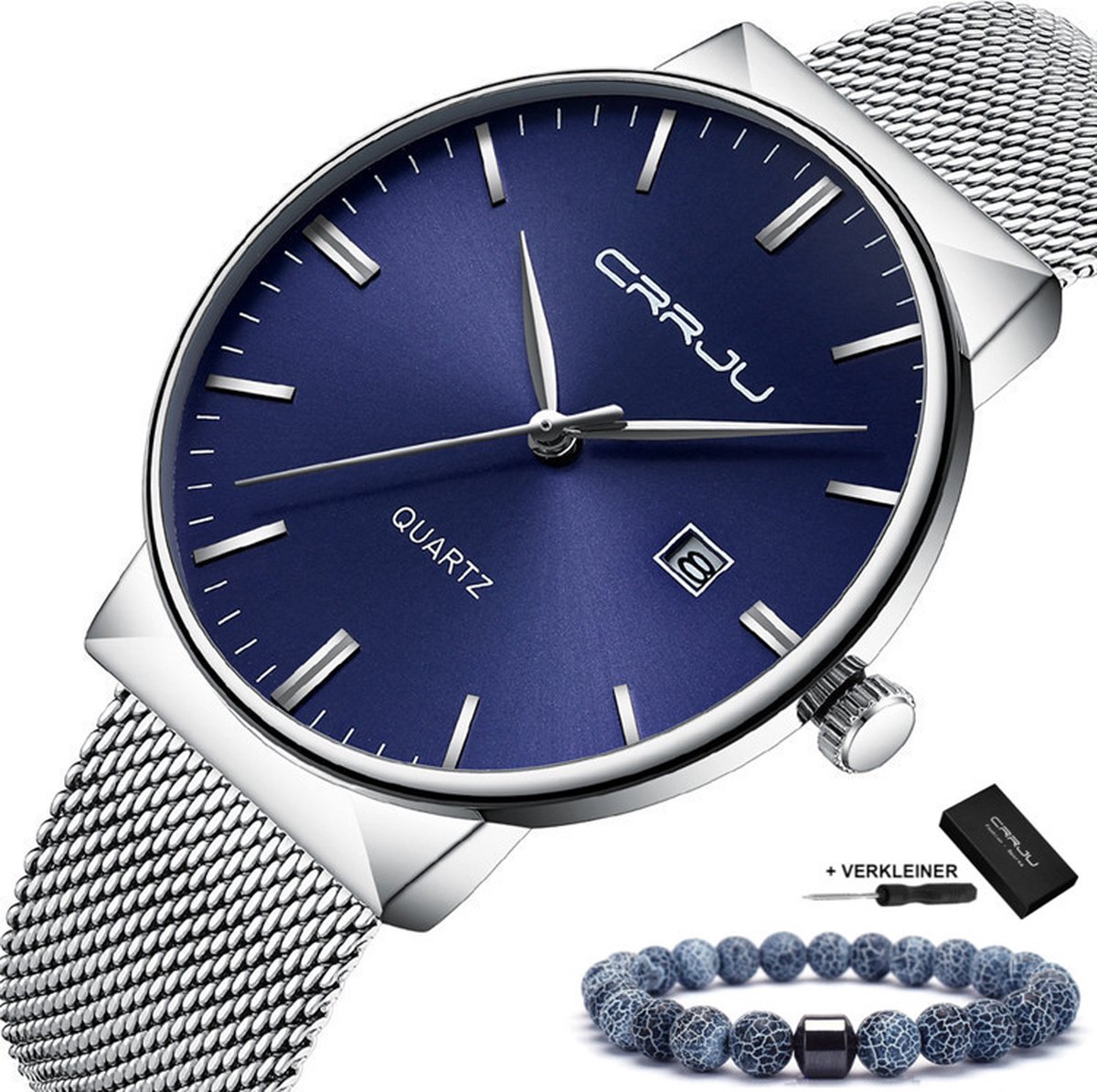 CRRJU Heren Horloge Vrouwen Dames Horloge Watch - Herenhorloge Dameshorloge - Incl. Armband & Horlogebox - Zilver Blauw