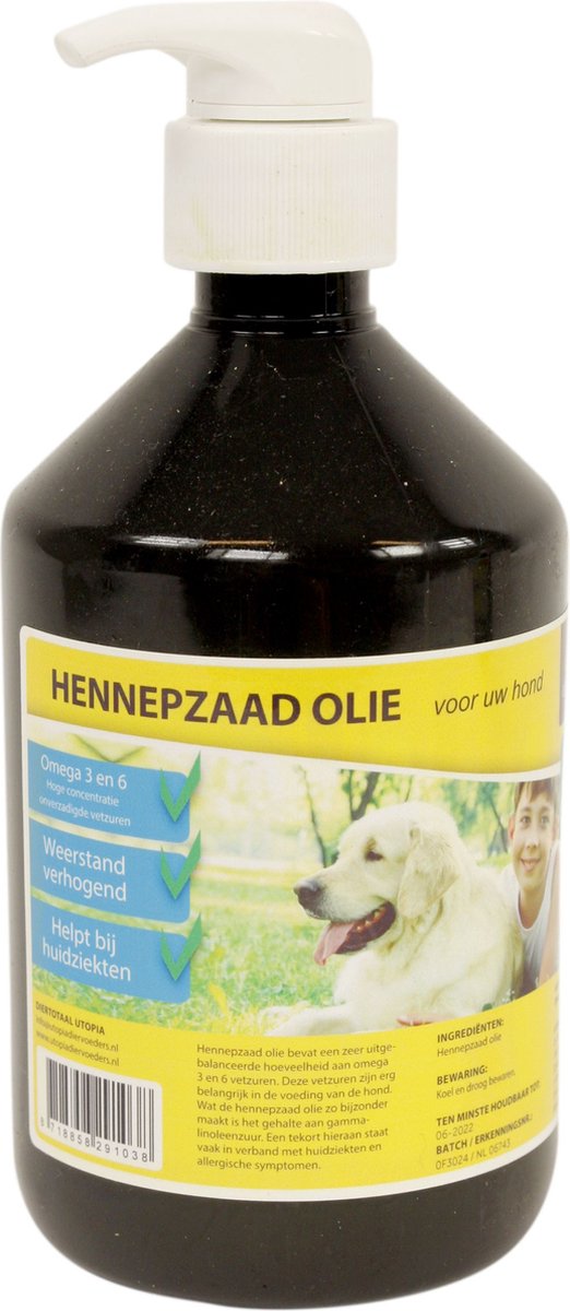 Hennepzaadolie 500ml Utopia - Omega 3 6, Gezonde Huid en Vacht Hond - Voedingssupplement