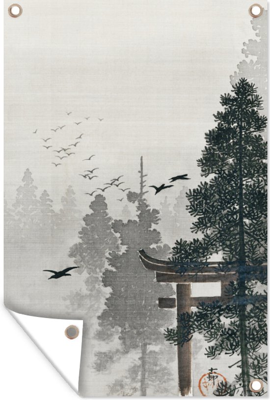 Foto: Tuinposters buiten flock of birds and a torii gate in pine forest schilderij van ohara koson 60x90 cm tuindoek buitenposter