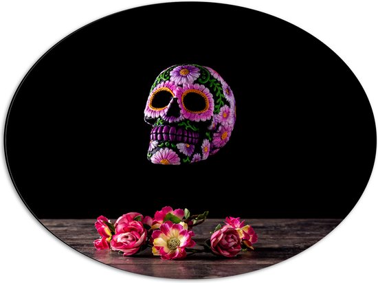 Dibond Ovaal - Roze Doodshoofd omringd door Bloemen op Zwarte Achtergrond - 56x42 cm Foto op Ovaal (Met Ophangsysteem)