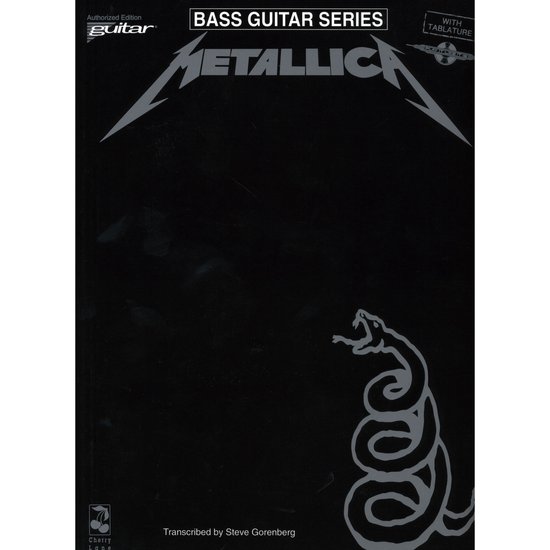 Boek met bladmuziek voor basgitaar van Metallica, met het logo en een slang.