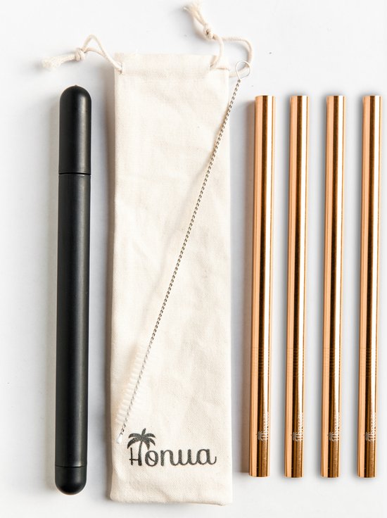 Pailles en métal Honua - Réutilisables - Set de 11 pièces - Pailles durables - Acier inoxydable - Smoothie - Or rose