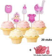 Baby girl prikkers - Versiering meisje 20 stuks cupcake toppers - Geboorte - Taart - Cake - Taart - babyshower topper - Prikkers+ 10 stuks roze ballonnen| Babyshower - Geboorte - Kraamfeest - Party - Decoratie
