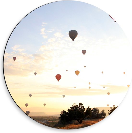 Dibond Muurcirkel - Zee van Luchtballonnen tijdens een Zonsondergang boven Landschap - 50x50 cm Foto op Aluminium Muurcirkel (met ophangsysteem)