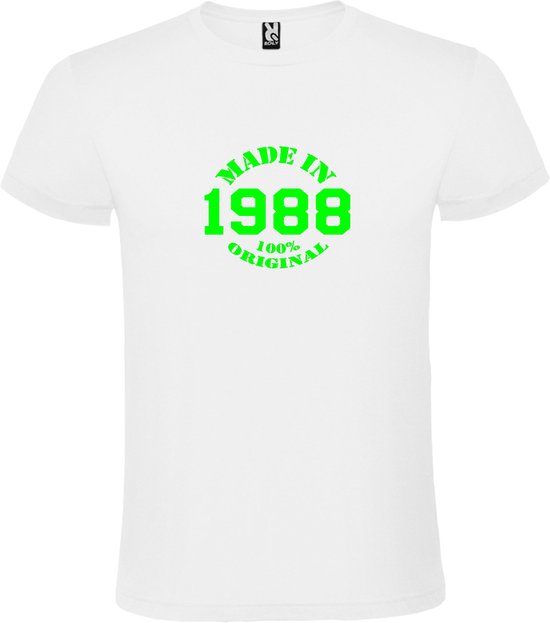Wit T-Shirt met “Made in 1988 / 100% Original “ Afbeelding Neon Groen Size XXXL