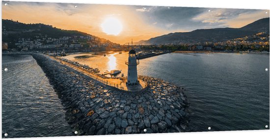 Tuinposter – Zonsondergang bij Vuurtoren aan Zee van Antalya, Turkije - 200x100 cm Foto op Tuinposter (wanddecoratie voor buiten en binnen)