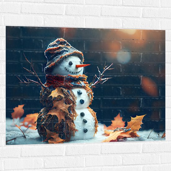 Muursticker - Sneeuwpop met Takken Armen tussen de Herfstbladeren - 100x75 cm Foto op Muursticker