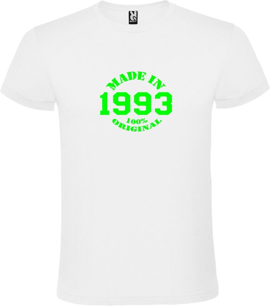 Wit T-Shirt met “Made in 1993 / 100% Original “ Afbeelding Neon Groen Size M