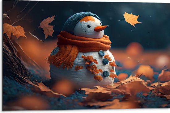 Dibond - Sneeuwpop tussen Herfstbladeren - 75x50 cm Foto op Aluminium (Wanddecoratie van metaal)