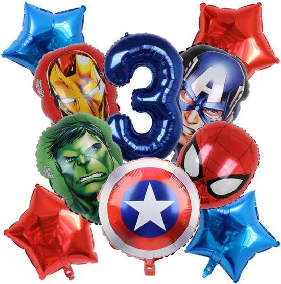Superhelden Feestpakket - Kinderfeestje met Superhelden Hulk Spiderman IronMan Marvel Superheroes - Kinderverjaardag - Feestversiering - Verjaardag Ballonnen - Kinderfeest Jongen - Verjaardag Versiering - Superheld Ballon - Leeftijdballon 3 jaar