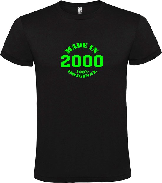 Zwart T-Shirt met “Made in 2000 / 100% Original “ Afbeelding Neon Groen Size XXXXXL