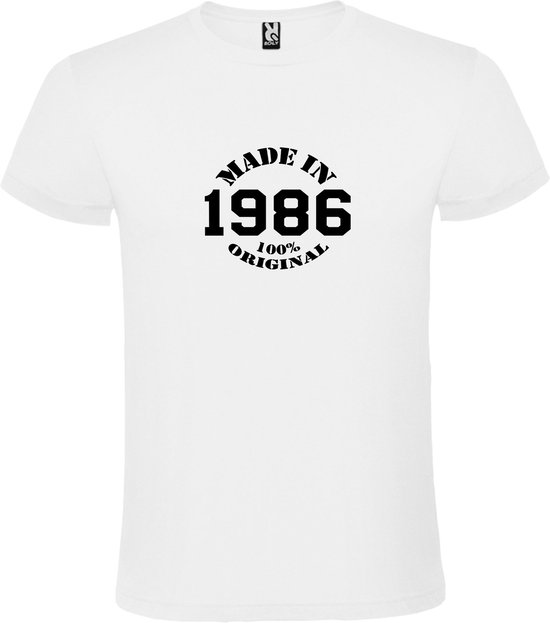 Wit T-Shirt met “Made in 1986 / 100% Original “ Afbeelding Zwart Size XL