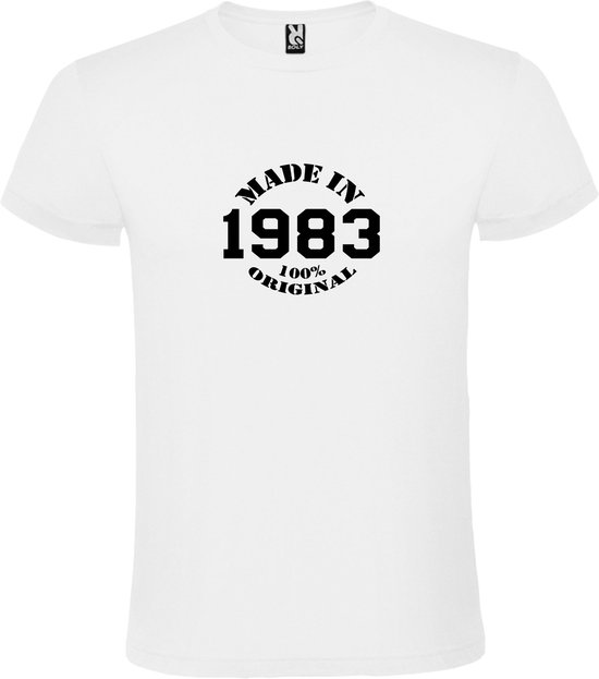 Wit T-Shirt met “Made in 1983 / 100% Original “ Afbeelding Zwart Size S