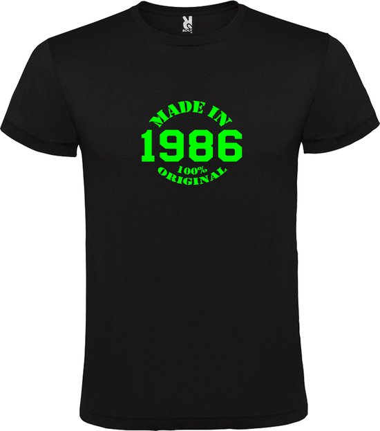 Zwart T-Shirt met “Made in 1986 / 100% Original “ Afbeelding Neon Groen Size XXXL