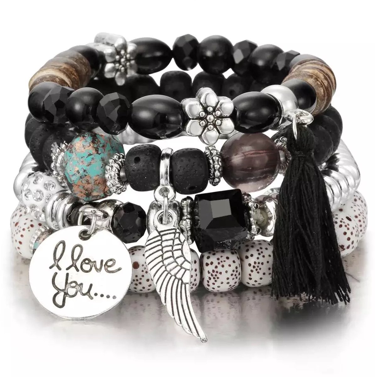 Armbanden Set - 4 Stuks - Lava Steen - Zwart & Zilver - Cadeau Vrouwen