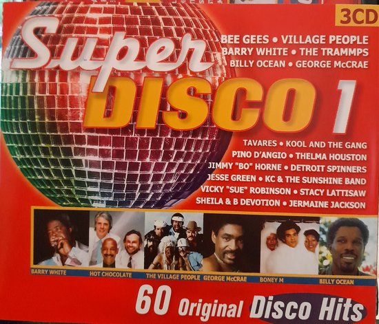 CD-hoes Super Disco 1 met discobal, 3CD's en foto's van artiesten zoals Barry White en The Village People. 60 originele Disco Hits.