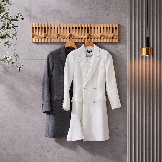 ACAZA Wandgarderobe met plank, kledingstang en 8 haken, industriële stijl, vintage, metalen frame, zwart, voor entree, hal, slaapkamer, badkamer, woonkamer - kleur licht eiken