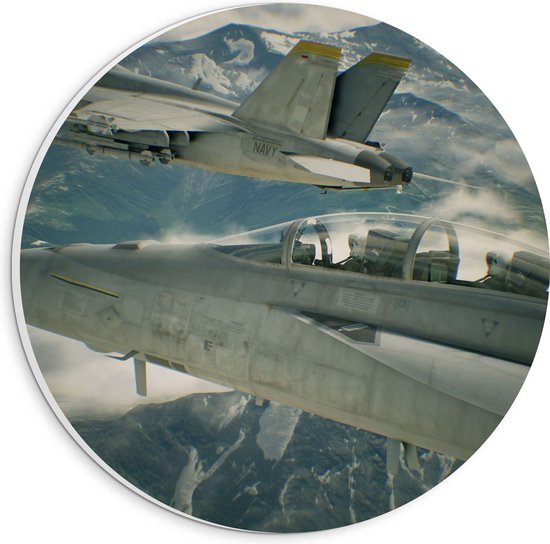WallClassics - PVC Schuimplaat Muurcirkel - Twee Vliegtuigen boven Bergen en Wolken - 20x20 cm Foto op Muurcirkel (met ophangsysteem)