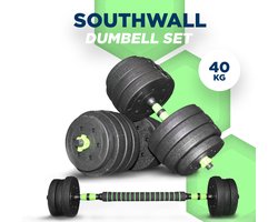 SOUTHWALL Dumbbells set Verstelbaar met Halterstang tot 40kg – Halterset – Fitness Stang – Fitness Gewichten Set – Professionele 2-in-1 Dumbbellset – Home Gym – Krachttraining – Gebruiksvriendelijk – Multifunctioneel – Dumbell set 40 kg
