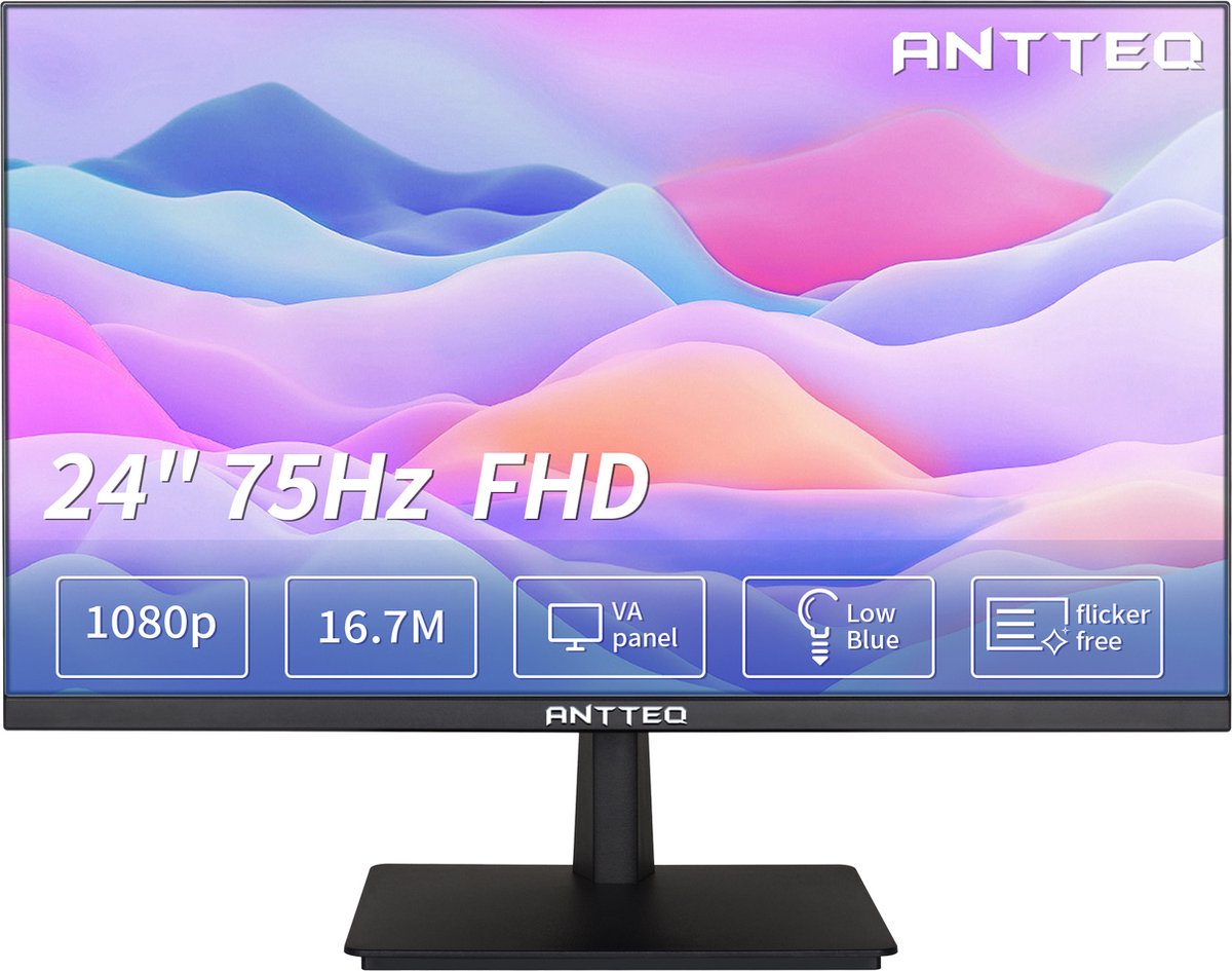 Antteq- 24 Inch Monitor-Full HD 1080P- 75Hz VA-Computer Monitor 178° Kijkhoek -16.7M Kleuren met HDMI VGA Free Flicker Blue Light Filter- Ultra Slim Bezel LED-Zwart