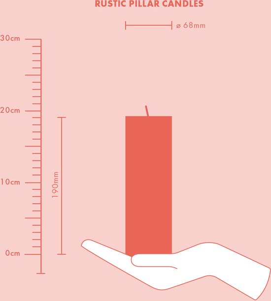 Illustratie van een rode rustieke kaars van 19cm hoog en 6.8cm diameter, gehouden in een hand. Schaalverdeling toont 30cm.