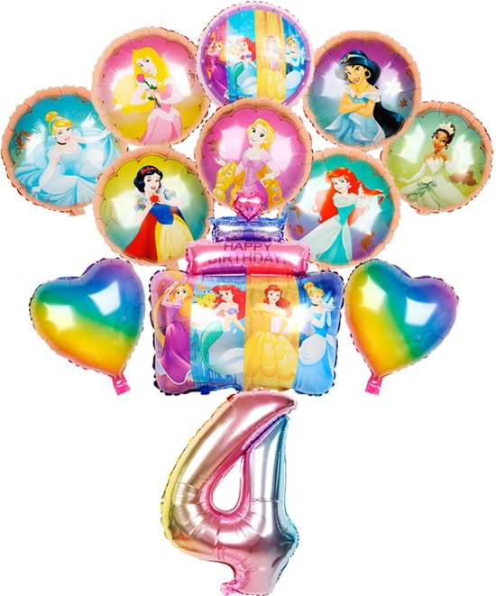 Disney Prinsessen - Verjaardag Decoratie - Ballonnen Set 12-delig - 4 Jaar Heliumballon - Themafeest - Disney Princess – Folieballonnen
