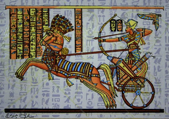Egyptische papyrus met afbeelding van een strijdwagen