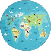 Vloerkleed kinderkamer - Blauw - 160x160 cm - Afwasbaar - Antislip - Tapijt voor jongens en meisjes met dieren en wereldkaart - Happy Life by the carpet