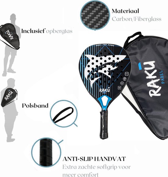 Zwarte padelracket met haai-opdruk, blauwe lijnen en tekst "RAKU PADEL", met bijbehorende tas.