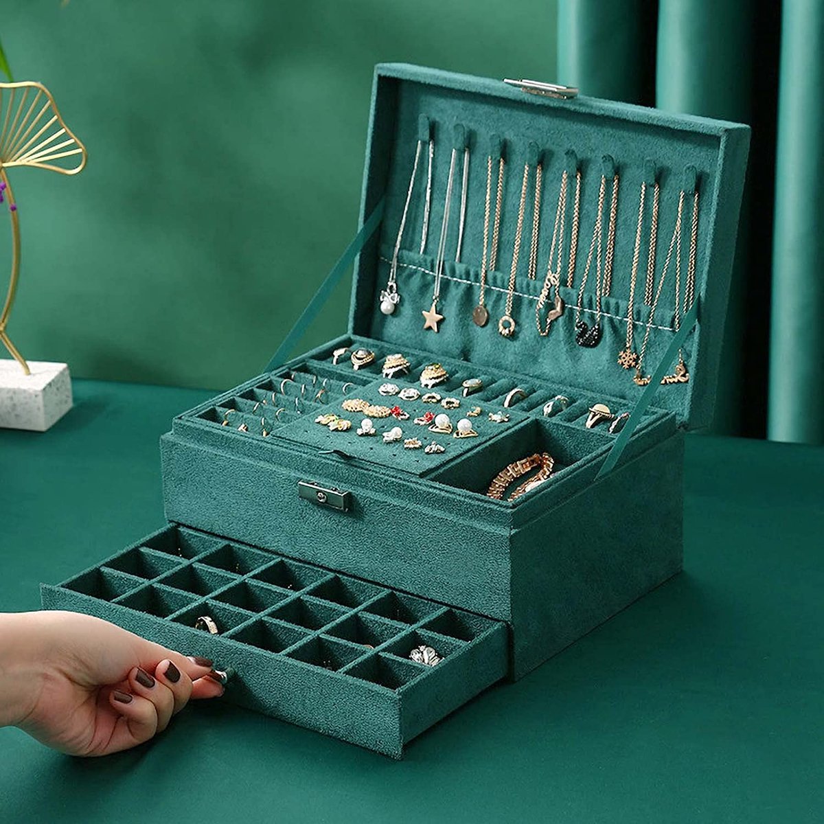Sieradenkistje, juwelendoos van fluweel met 2 niveaus, sieradendoos sieradenkoffer voor dames, sieradendoos voor ringen, oorbellen, halskettingen en horloges, met slot en sleutels, donkergroen
