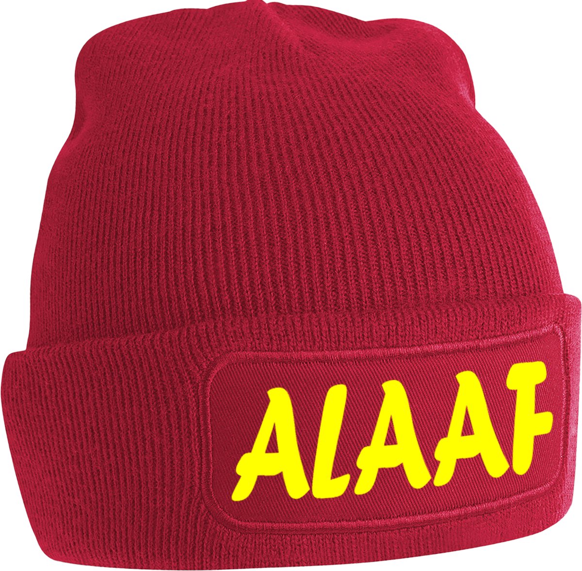 ALAAF uniseks muts - Rood met gele tekst - Beanie - One Size - Grappige teksten | designs - Original Kwoots - Wintersport - Aprés ski muts - Carnaval - Begroeting
