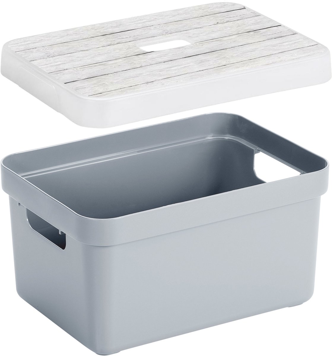 Sunware opslagbox - 13 liter - blauw/grijs - kunststof - 35 x 25 x 18 cm - met afsluitbare deksel in houtnerf print