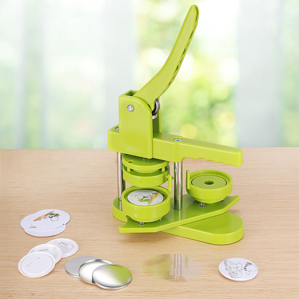 Button Maker Pins Button Maker Machine Meerdere Maten Installatie-Free DIY Badge Pin Makers Knop Badges Persmachine Met Knop Onderdelen Cirkelsnijder Accessoires (Groen) voor School DIY Amba