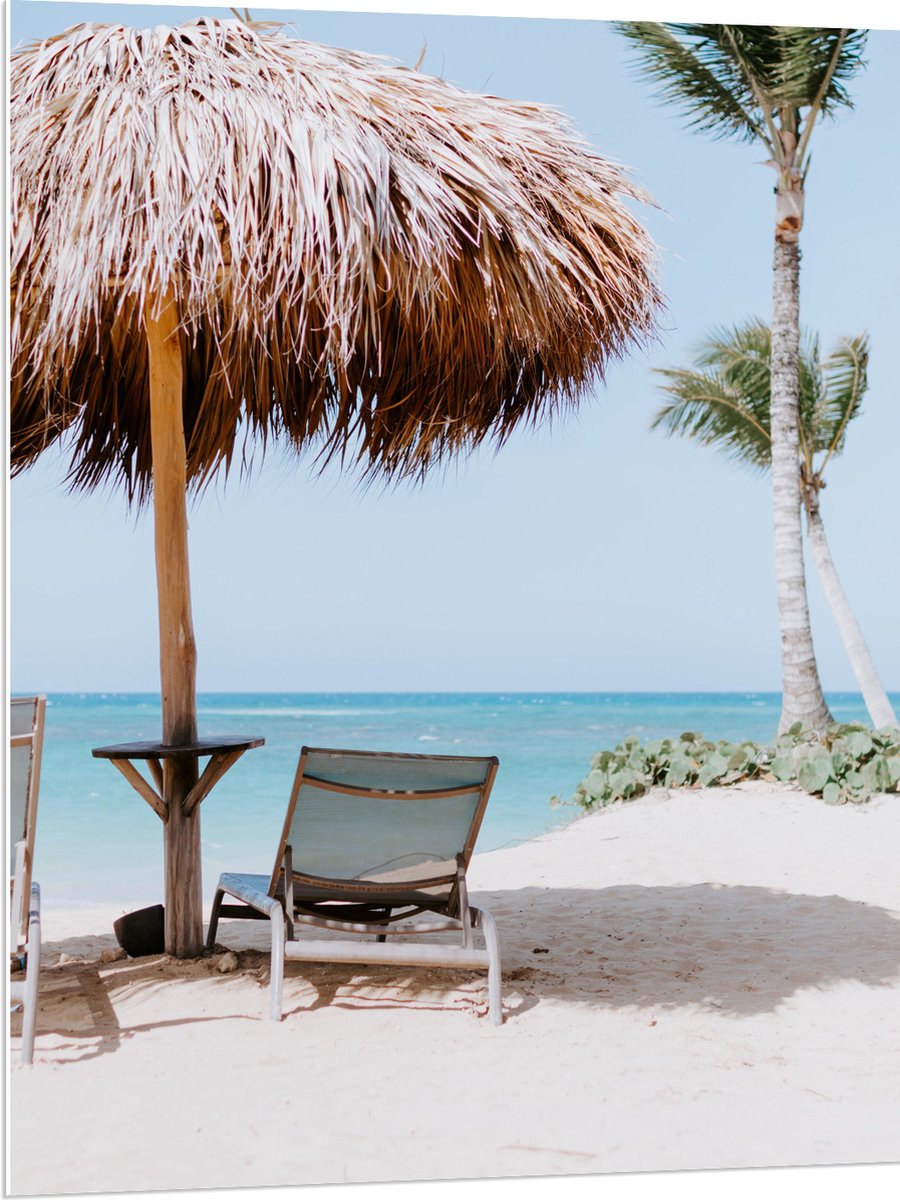 PVC Schuimplaat- Ligbedden onder Rieten Parasol met Palmboom - 75x100 cm Foto op PVC Schui