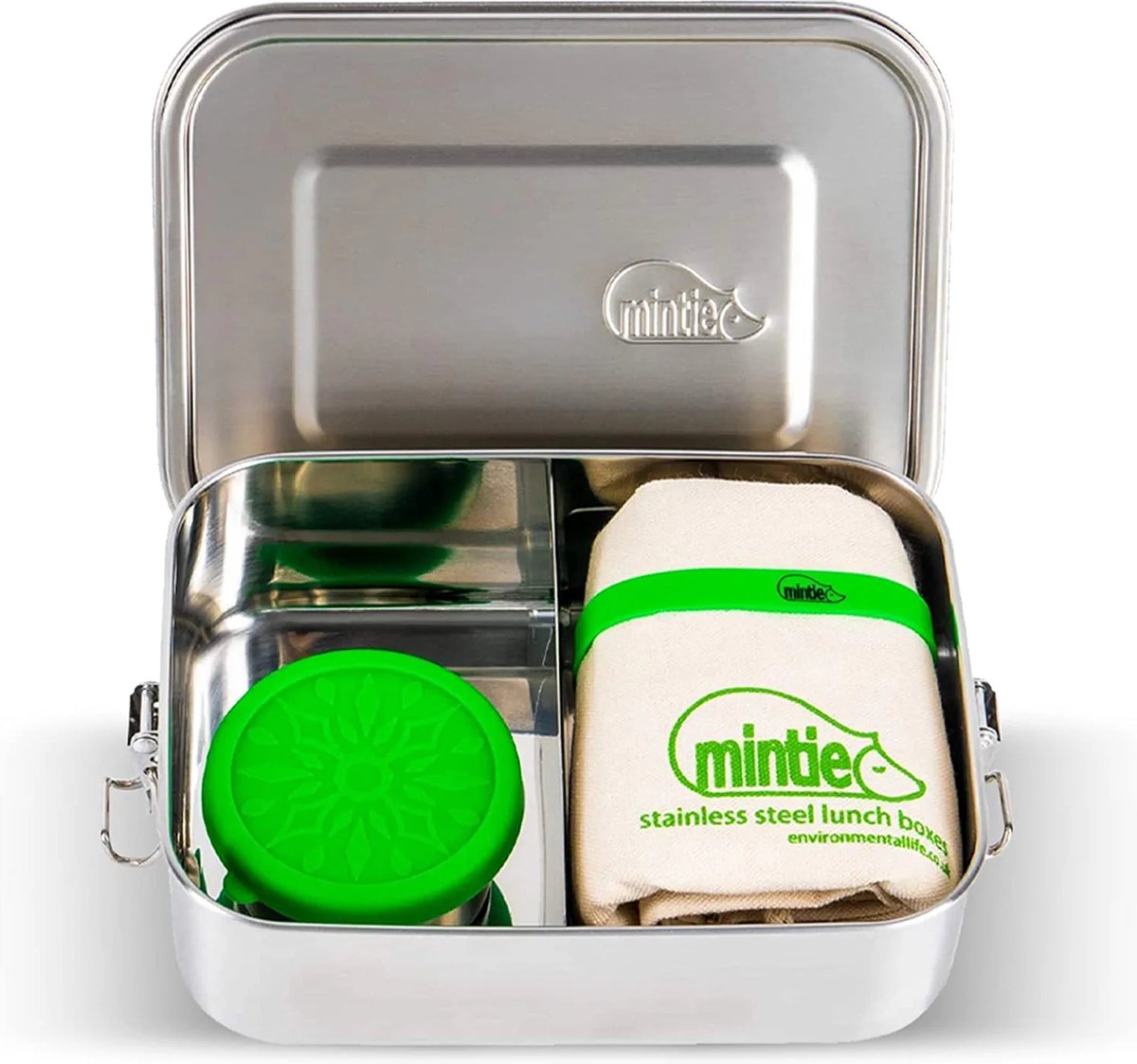 Mintie knusse lekvrije roestvrijstalen lunchboxset - Bento Box, Tiffin, Eco Metal Pack lunchbox met verstelbare compartimenten, snackpot, lint, lunchtas, saladebox, sandwichcontainer