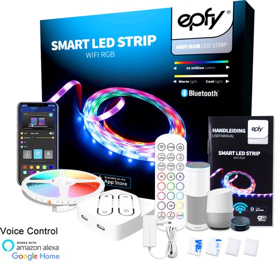 Epfy® Smart LED strip 5 meter - RGB - WiFi + App - Google Home + Alexa stembediening - 16 miljoen kleuren - Dimbaar - Led strips