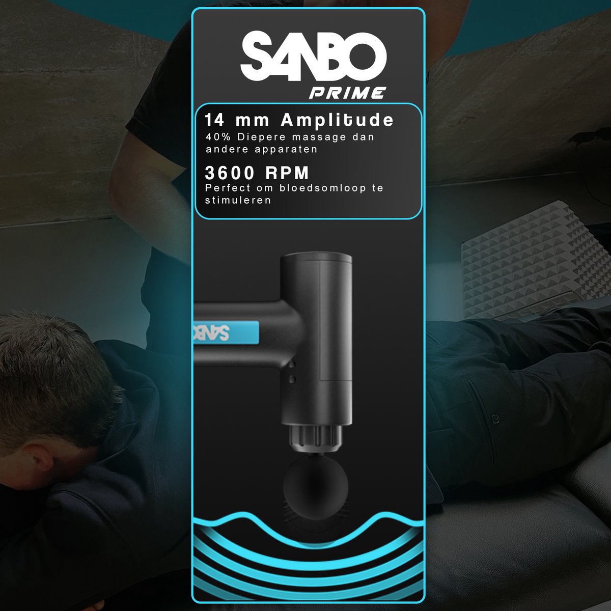 Afbeelding 3 van Sanbo Massage Gun Prime - Massage Apparaat - Inclusief Koffer en 5 Opzetstukken - Krachtig en Draadloos - Zwart/Blauw - Professioneel - Massage pistool - Fitness