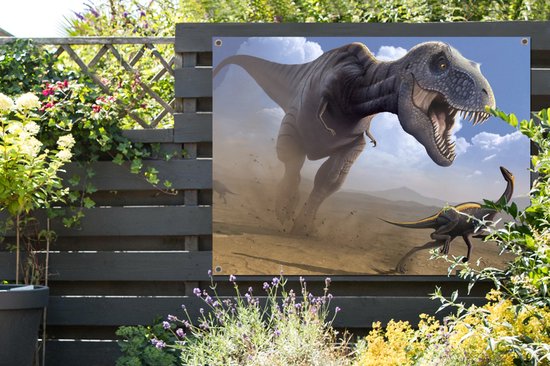 Affiche de jardin Dino - Animaux sauvages - Dessin - Enfants - Garçons - Enfants - 130x90 cm - Décoration murale Extérieur - Affiche de jardin - Toile de jardin - Affiche de clôture - Peinture de jardin