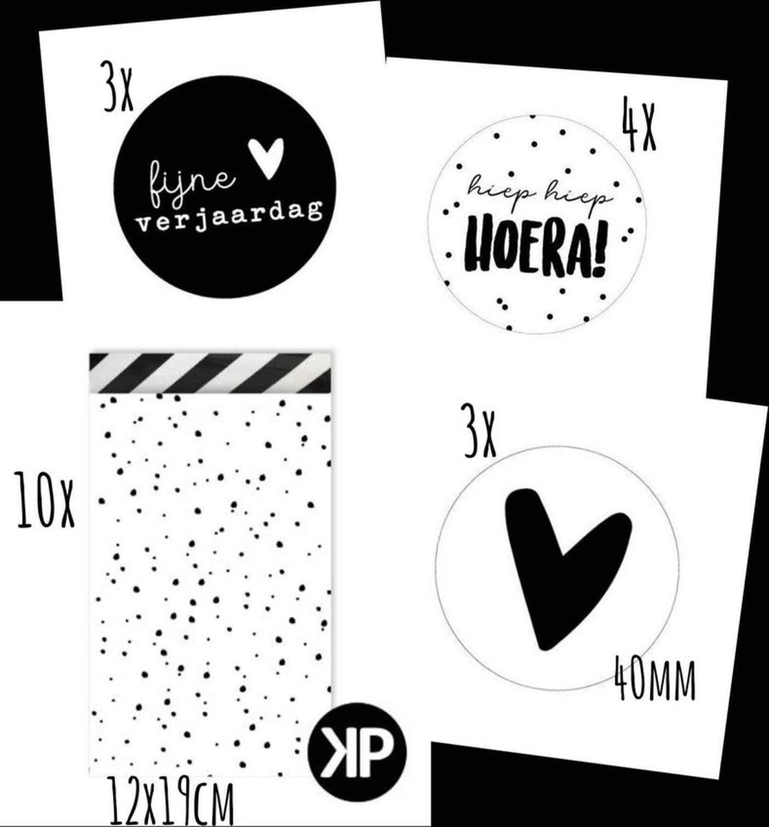 10 Cadeauzakjes en 10 Sluitstickers - cadeauzakjes - sluitstickers - stippen - zwart wit - 12*19cm - 40mm - 10 stuks - uitdelen - traktatie - cadeautje - zakjes - luxe inpakken