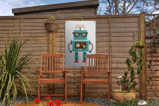 Tuinposter 40x60 cm - Tuindecoratie Robot - Bril - Tandwielen - Gezicht - Jongens - Kids - Poster voor in de tuin - Buiten decoratie - Schutting tuinschilderij - Tuindoek muurdecoratie - Wanddecoratie balkondoek