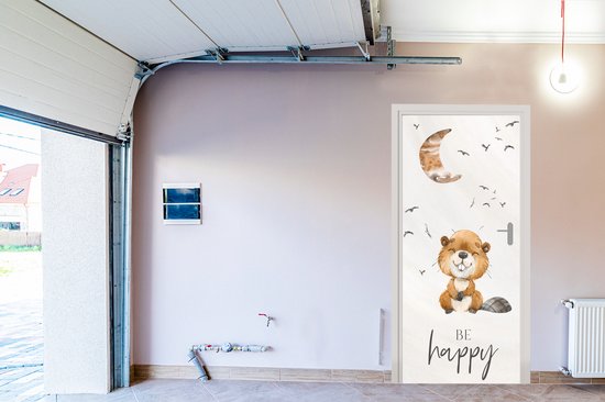 Sticker de porte Citations - Soyez heureux - Enfants - Lune - Castor - Aquarelle - 90x205 cm - Affiche de porte