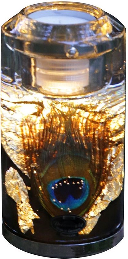 waxinelichthouder met lampje - pauwenveer met goud 14,5cm