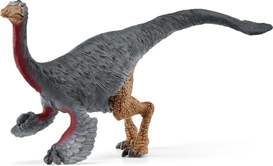 Grijs dinosaurusspeeltje met rode accenten op nek en borst. Bruine poten en gedetailleerd verenkleed.