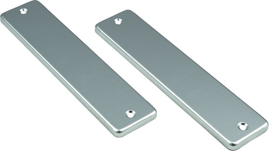 Twee rechthoekige, zilverkleurige deurschilden met licht geborsteld oppervlak en afgeronde hoeken.