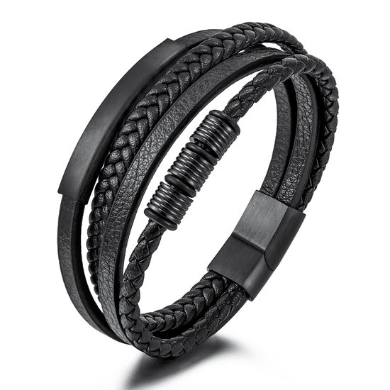 Elementos Armband Heren - Zwarte Snoeren - Zwart Gekleurd Staal - 21 cm -  Cadeau voor... | bol