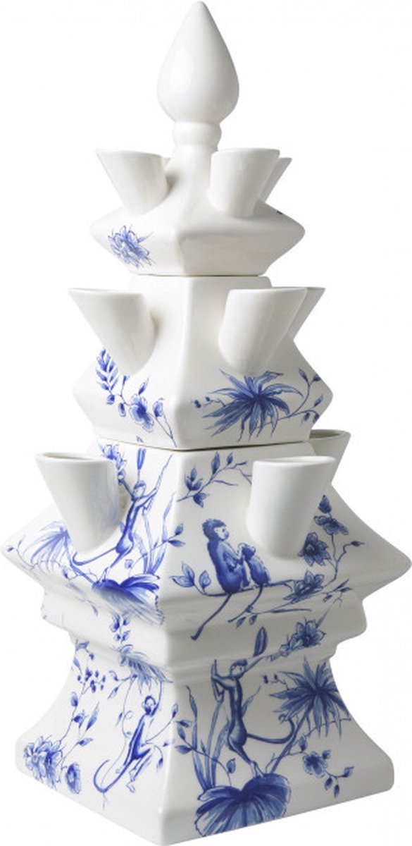Heinen Delfts Blauw - Tulpenvaas - Aapjes - Blauw & Wit - 3-delig - Keramiek - 33cm